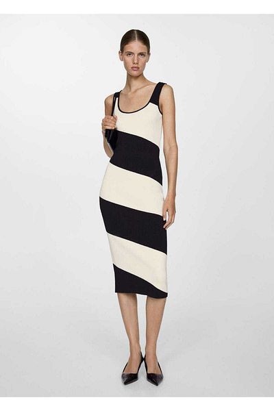 MANGO Woman Midi Length Striped Knitwear Dress