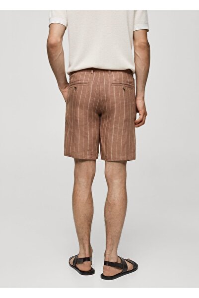 MANGO Man %100 keten çizgili büzgülü bermuda şort