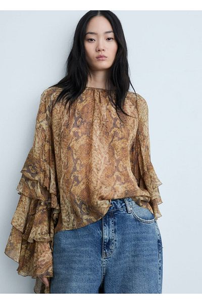 MANGO Woman Snake Print Flounced Blouse