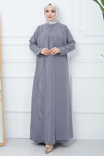 hafsamina Plus Size Leaf Jewelled Mother's Dress Gray HM2350