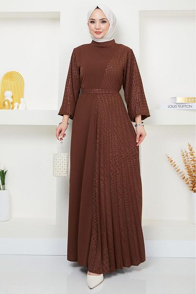 hafsamina Laser Printed Pleated Dress Brown HM2367