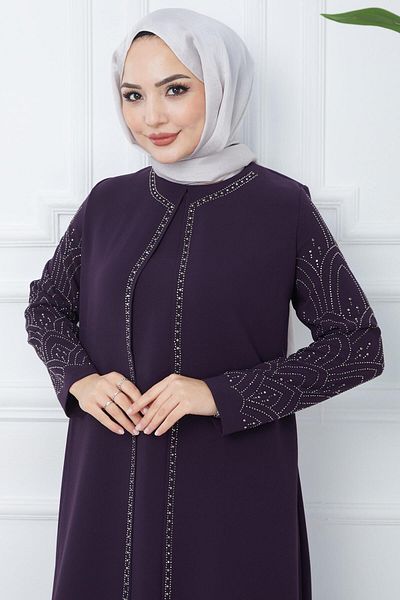 hafsamina Μητρικό φόρεμα Plus Size με κοσμήματα μανίκια Μωβ HM2349