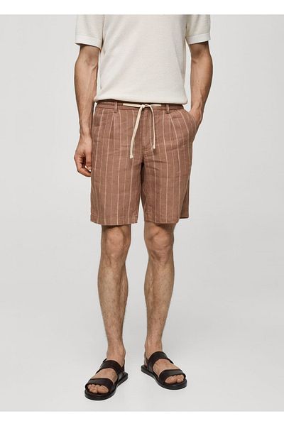 MANGO Man 100% Linen Striped Drawstring Bermuda Shorts