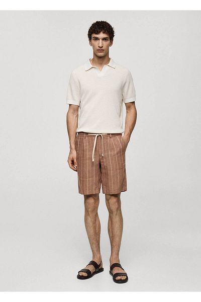 MANGO Man 100% Linen Striped Drawstring Bermuda Shorts
