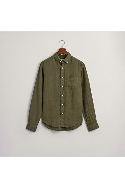 Gant Erkek Yeşil Regular Fit Düğmeli Yaka Keten Gömlek