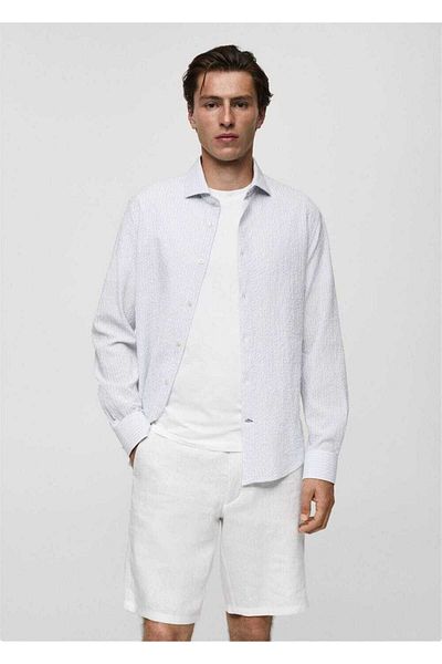 MANGO Man Regular Fit Striped Seersucker Cotton Shirt
