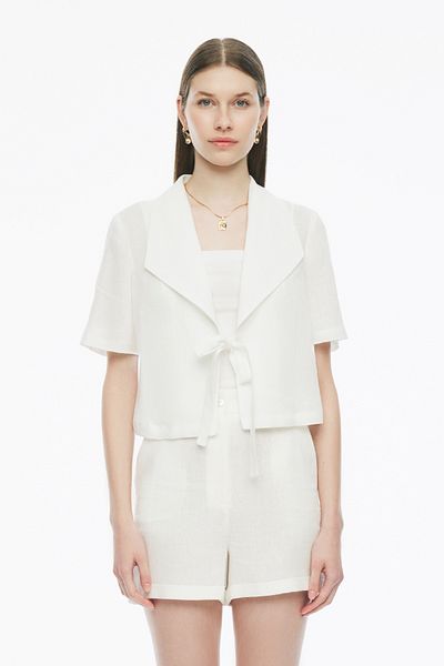 Perspective Ecru Colored Celans Regular Fit Women's Crop Jacket - Fake Sleeve