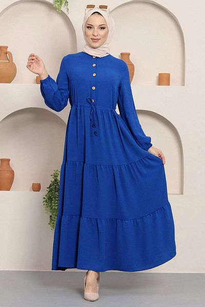 hafsamina Saks Colorful Ayrobin Dress - Gathered and Buttoned HM8811