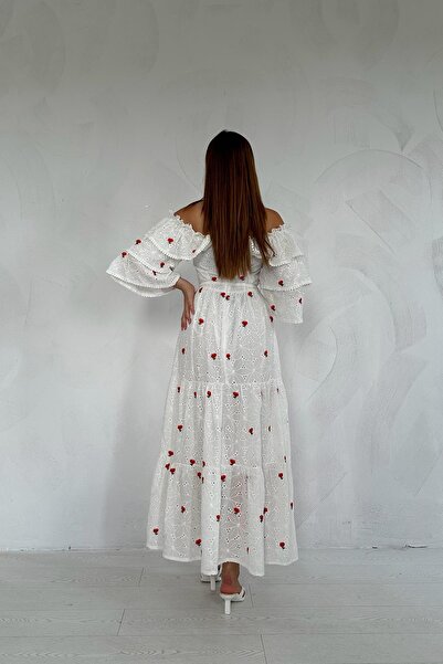 Elbee Fashion Woman Embroidered Dress with Elastic Shoulders