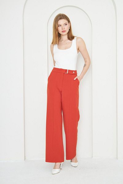 LOVELF Brick Colored Wide Leg Trousers with Buckle Detail