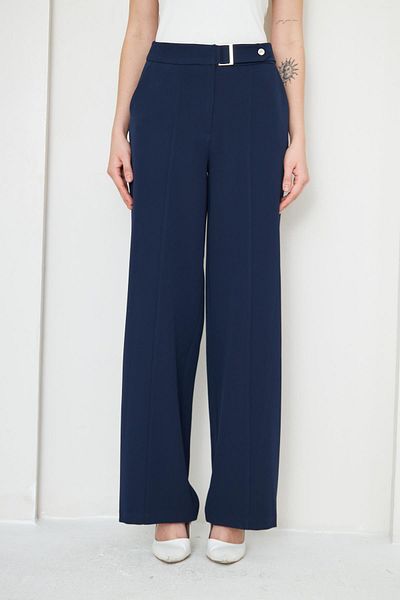 LOVELF Navy Blue Wide Leg Trousers - Buckle Detailed
