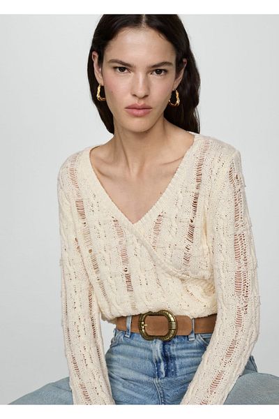MANGO Woman V-Neck Perforated Sweater
