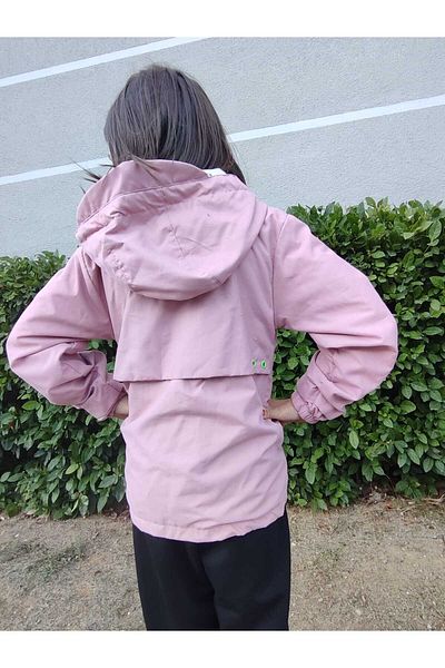 BİR DOZ ÇOCUK GÜLÜŞÜ Pink Colored Hooded Long Sleeve Girls' Raincoat - Teddy Bear Printed