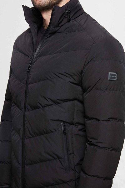 Twn Black Slim Fit - Windproof Jacket with Concealable Hood and Fiber Filling