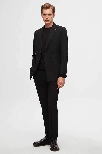 Twn Black Slim Fit Double-Breasted Suit - Dobby