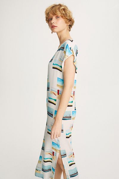 Perspective Tia - Round Neck Midi Ecru Color Patterned Landscape Dress