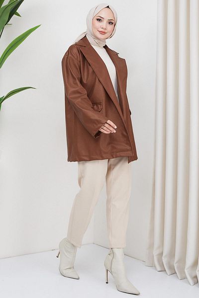hafsamina Glitter Look Faux Leather Jacket Καφέ HM2325