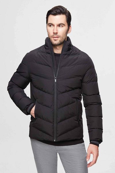 Twn Black Slim Fit - Windproof Jacket with Concealable Hood and Fiber Filling