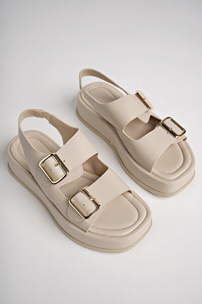 MUGGO Wanda Wedge Heeled Double Banded Buckle Detailed Elastic Women's Sandals