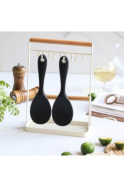 BURCU 2 Pieces Silicone Hard Tip Short Rice Spoon Black
