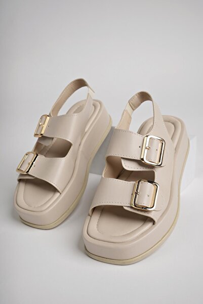 MUGGO Wanda Wedge Heeled Double Banded Buckle Detailed Elastic Women's Sandals