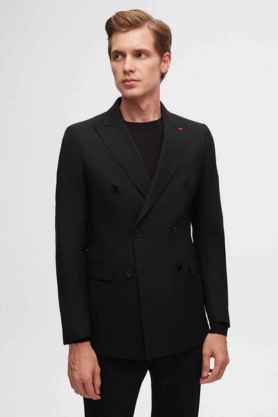 Twn Black Slim Fit Double-Breasted Suit - Dobby