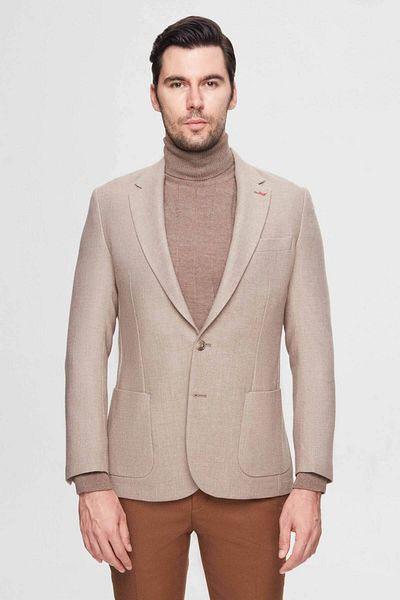D'S Damat Μπεζ μπλέιζερ μπουφάν - Groom Regular Fit με Dobby και διπλό σχιστό