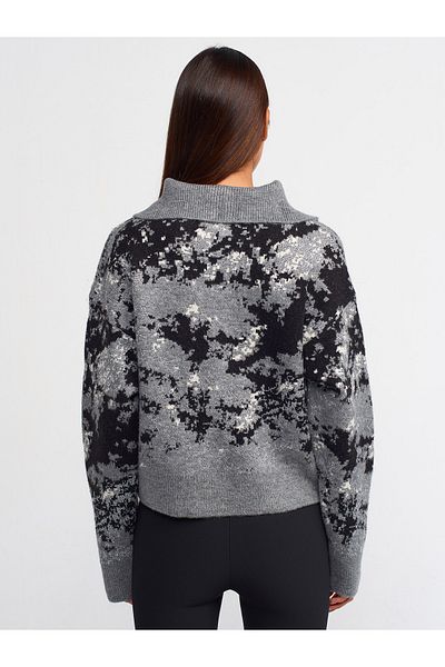 Dilvin 10467 Zippered Trucker Collar Glitter Sweater-medium Gray