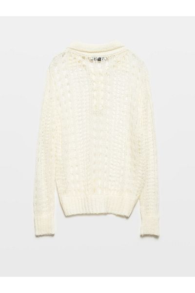 Dilvin 10624 Model Polo Collar and Stone Buttoned Openwork Knitwear Sweater - Ecru