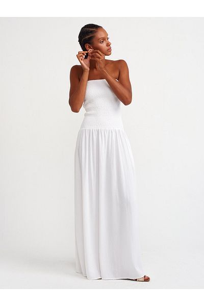 Dilvin 91204 Strapless Ecru Linen Blended Dress