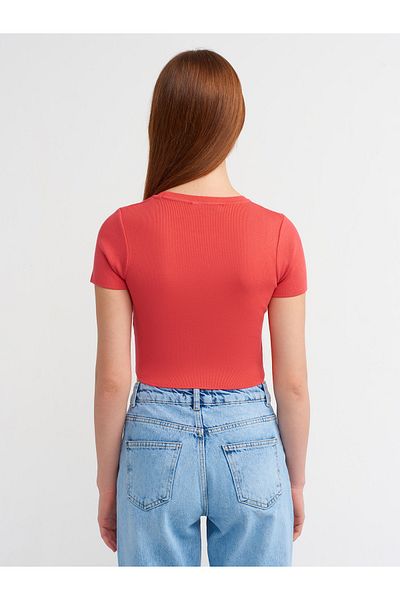 Dilvin 10357 Crew Neck Short Sleeve Crop Sweater-ARed