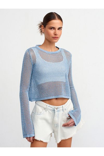 Dilvin 10350 Pulover crop cu model ajurat cu decolteu-albastru