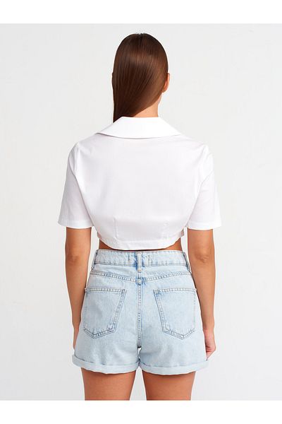 Dilvin 50489 White Pocket Detailed Crop Shirt