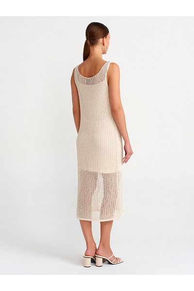 Dilvin 90206 Strap Openwork Lined Knitwear Dress-Ecru