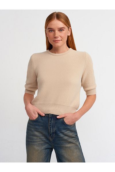 Dilvin 10472 Pulover cu textura moale cu gât roșu-bej