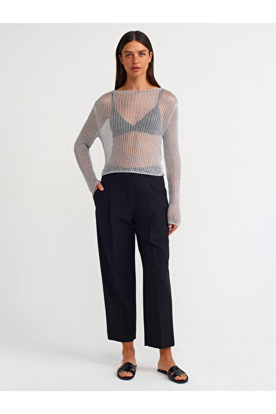 Dilvin Μοντέλο 10606 - Γυαλιστερό διαφανές πλεκτό πουλόβερ, ασημί χρώμα