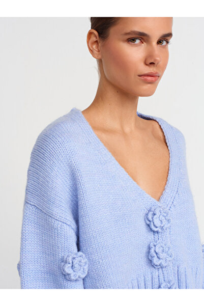 Dilvin 60216 Синій трикотажний кардиган з вирізом горловини Gul з вишитим рукавом-баллон