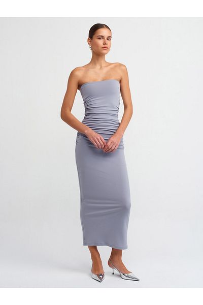 Dilvin 90865 Rochie midi drapată fără bretele-gri