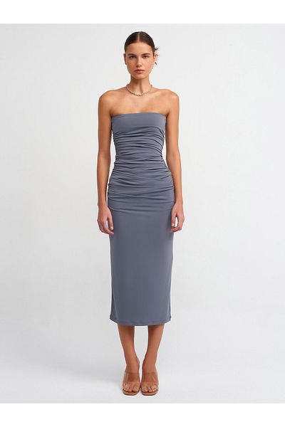 Dilvin 90865 Rochie midi drapată fără bretele-Afumat