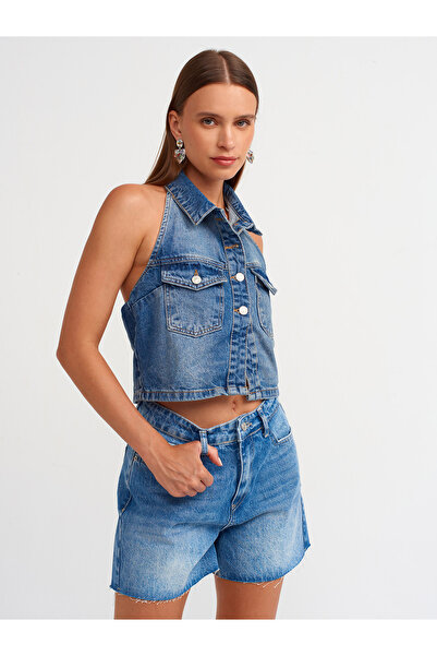 Dilvin 71514 Paçası Kesik Denim Şort-Mavi