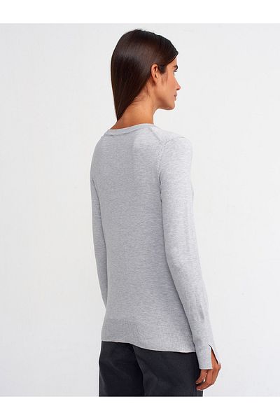 Dilvin 10427 V Neck Slit Sweater-Grey Melange