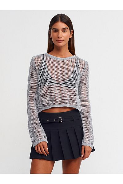 Dilvin 10350 Crew Neck Openwork Pattern Crop Sweater-grey