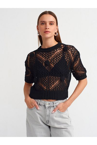 Dilvin Model 10584 - Pulover negru din tricot cu decolteu triplu
