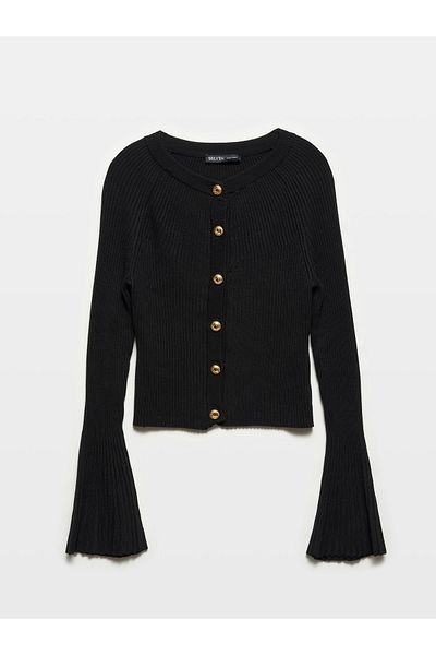 Dilvin 60246 Black Spanish Sleeve Knitwear Cardigan - Crew Neck and Button Detail