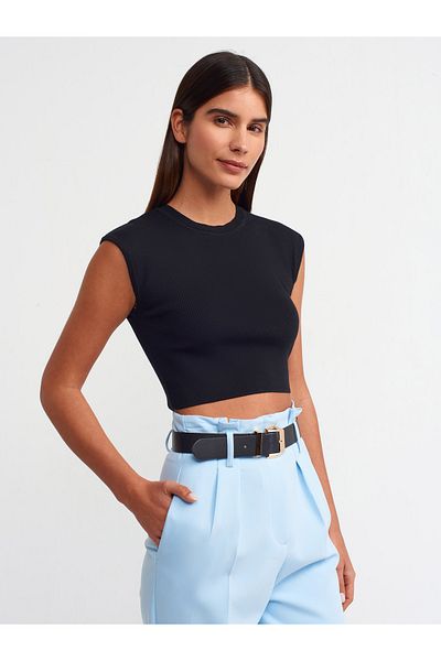 Dilvin 10525 Crew Neck Short Sleeve Knitwear Top-Black