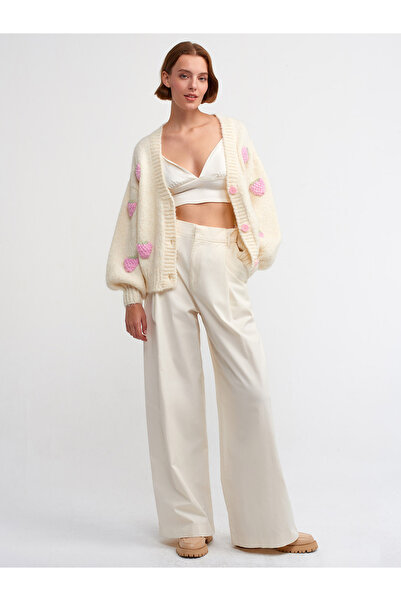 Dilvin 60185 V-Neck Strawberry Embroidered Balloon Sleeve Knitwear Cardigan-ecru