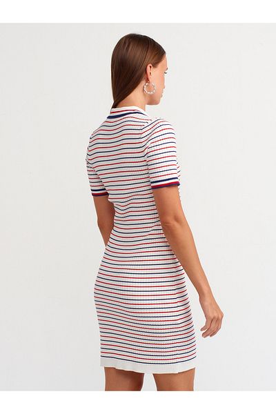 Dilvin 90218 Ecru Polo Collar Striped Knitwear Dress