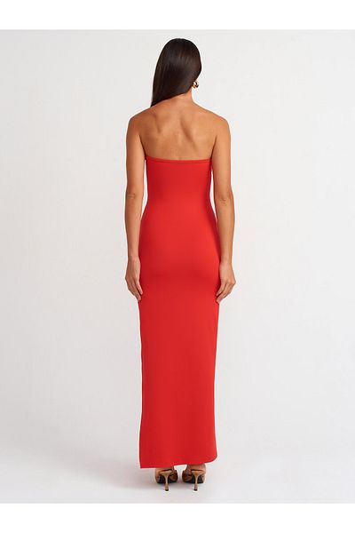 Dilvin 91176 Red Strapless Midi Dress