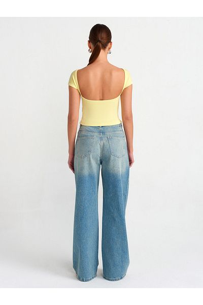 Dilvin 71477 Pantaloni largi din denim cu plasă spălată-Tint