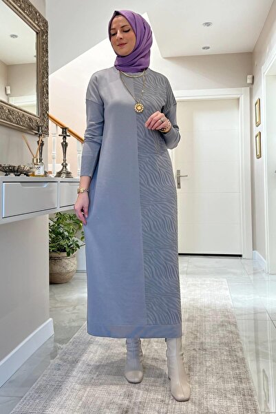 Rabia Şamlı Zebra Desen Triko Elbise Gri